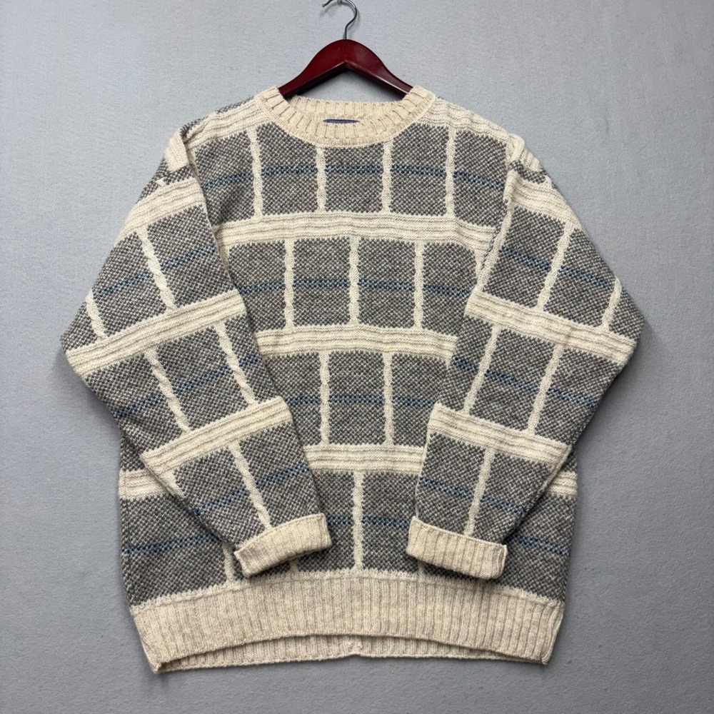 Pendleton Sweater Mens Large L Cream Blue Virgin Wool Crew Neck Vintage 90s